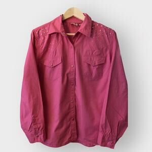 Red Ranch Womens Western Style Top Size XL Pink Studded Collar Pearl Button Down